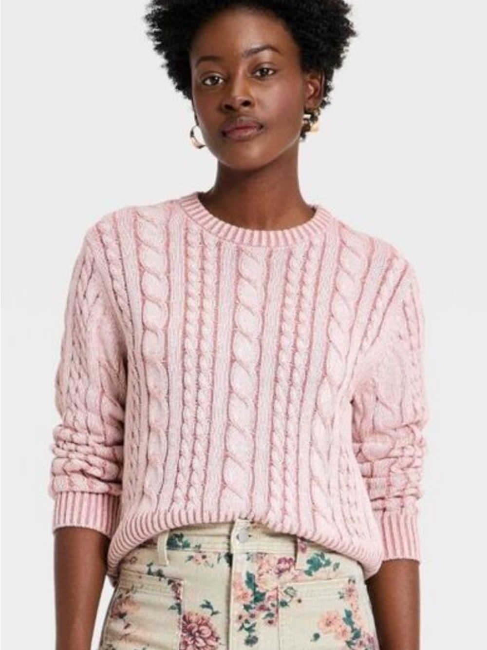 Universal Thread NWT M 100% cotton Cable Knit Crewneck Sweater Light Pink